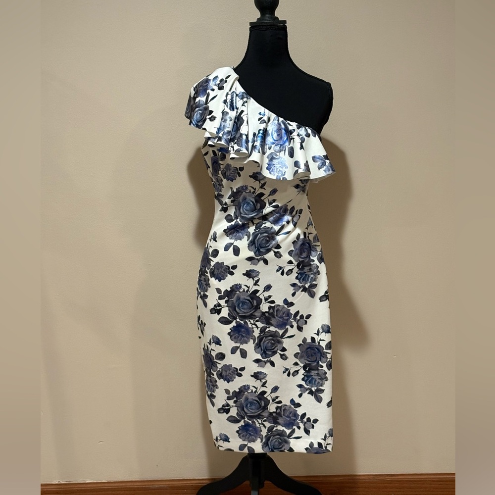 Gorgeous One Shoulder White and Blue Flower Dress.